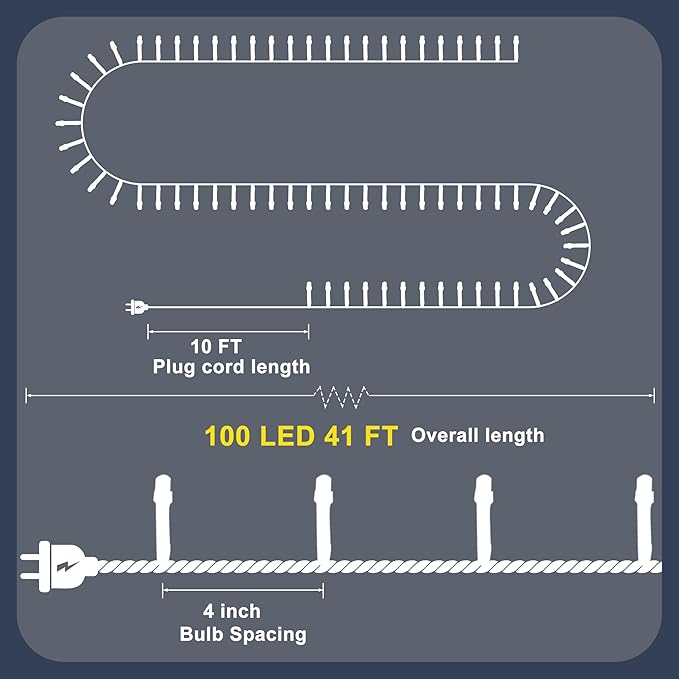 RPGT Christmas Light 100 LEDs 41ft Green Cable Wire Fairy String Twinkle Lights Plug in 12 Modes for Xmas Tree, Party, Indoor,Outdoor, Garden, Wedding, Home Decoration (Warm White)