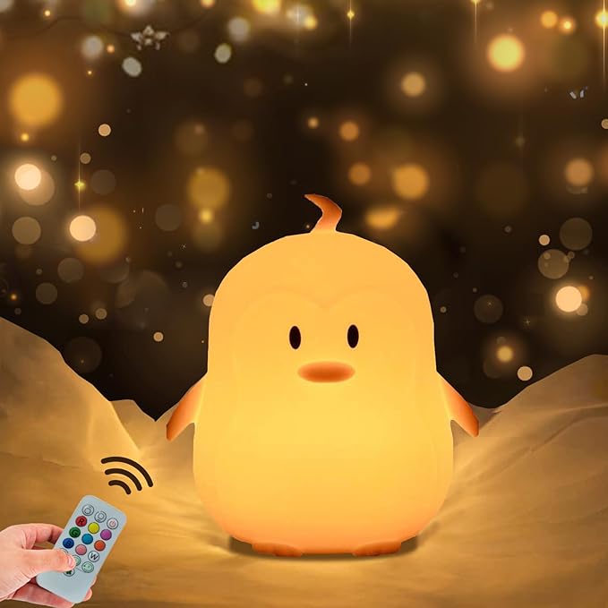 WHA&DARREN Penguin Night Light for Kids, Children Lamp Portable Rechargeable Silicone Baby Night Light, Remote Controlled Children's Animal Lamp Kawaii