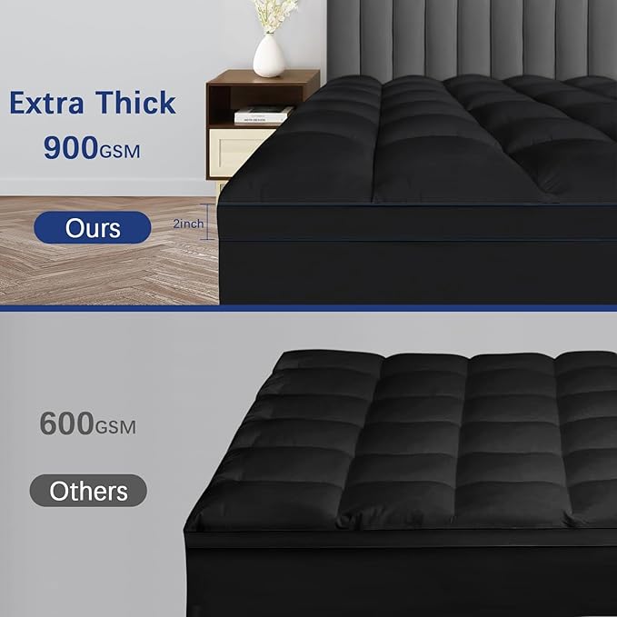 CYMULA Full Size Mattress Topper, Black Cooling Mattress Pad Cover, Thick Full Bed Pillow Topper Soft Firm with Deep Pockets, Washable Plush Down Alternative Fill Mattress Protector