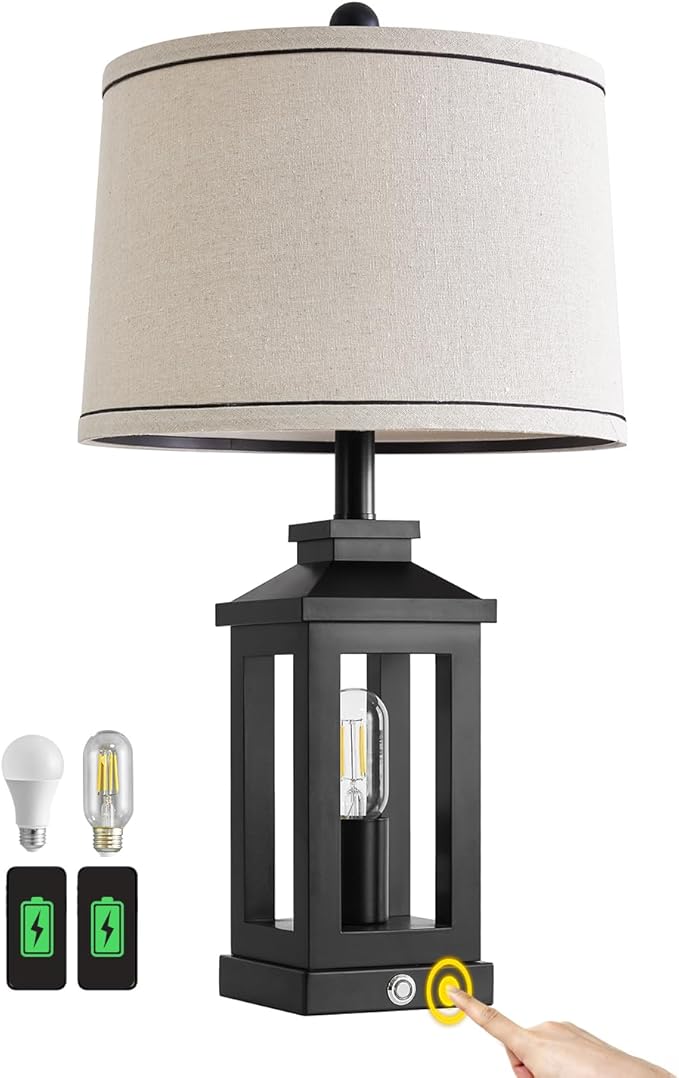 23.75" Retro Farmhouse Black Table Lamp for Living Room Bedroom Nightstand Single Pack Touch Control Bedside Nightlight Vintage Modern Lamp with USB C+A Ports and 2 Light Sources