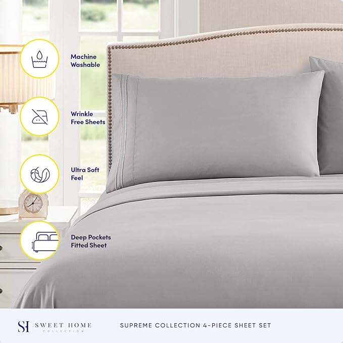Twin Sheets - Breathable Luxury Sheets with Full Elastic & Secure Corner Straps Built In - 1800 Supreme Collection Extra Soft Deep Pocket Bedding Set, Sheet Set, EXTRA DEEP pocket - Twin, Silver