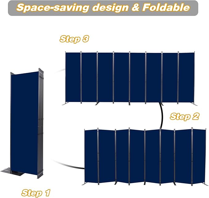 Room Divider, 8 Panel Folding Privacy Screens with Wider Support Feet, 6 Ft Portable Room Partition for Room Separator, 176" W X 71" H, Navy Blue