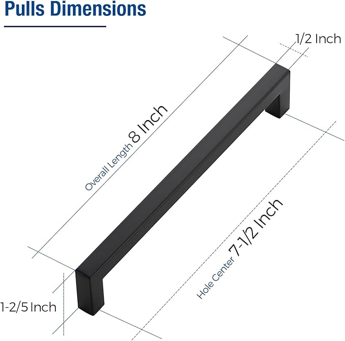 JOY DECOR 25 Pack Cabinet Handles, Black Cabinet Pulls, 7-1/2 Inch Kitchen Closet Handles Square Drawer Pulls Stainless Steel Drawer Hardware, 192mm Hole Centers