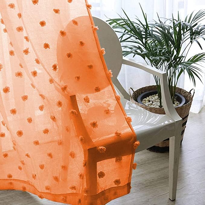 MYSKY HOME Orange Sheer Short Curtains with Pom Pom for Small Windows Bedroom Nursery Kids Girls Room Curtains Cafe Kitchen Light Filtering Boho Drapes, Rod Pocket,38 x 54 Inches, 2 Panels