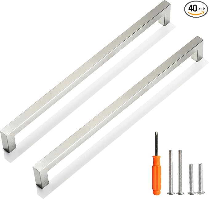 Cabinet Pulls Brushed Nickel Cabinet Handles Square Drawer Pulls, 40 Pack 11-1/3 Inch Stainless Steel Kitchen Door Cupboard Handles, Cabinet Hardware Drawer Handles, 288mm Hole Centers