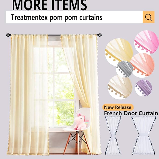 Treatmentex Sheer White Curtains with Black Pom Pom Curtains 84" Long Linen Textured Look Decorative Window Drapes Navy 52" w 1Pair