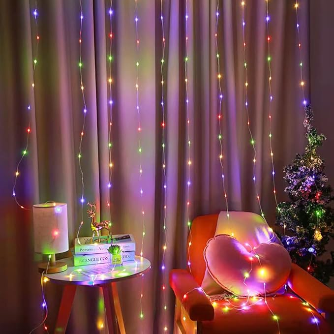 YEOLEH Curtain String Lights, Waterproof Copper Wire Curtain Lights with Control, 8 Modes USB Fairy Lights Plug in Good for Wedding Bedroom Party Home Christmas Decorations,(Colorful,7.9Ft x 5.9Ft)