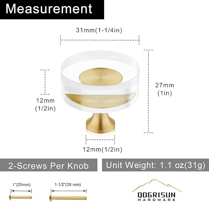 QOGRISUN 15-Pack Brass Crystal Cabinet Knobs,Glass Crystal Gold Drawer Knobs,1-1/4-Inch Round, Decorative Dresser Pulls, Modern Cabinet Hardware