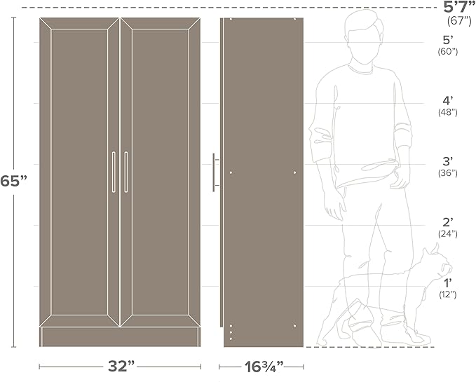 Prepac Elite Storage Accent Cabinet with Panel Doors, Rustic White Cupboard, Bathroom Cabinet, Pantry Storage with 3 Shelves 16.75" D x 32" W x 65" H