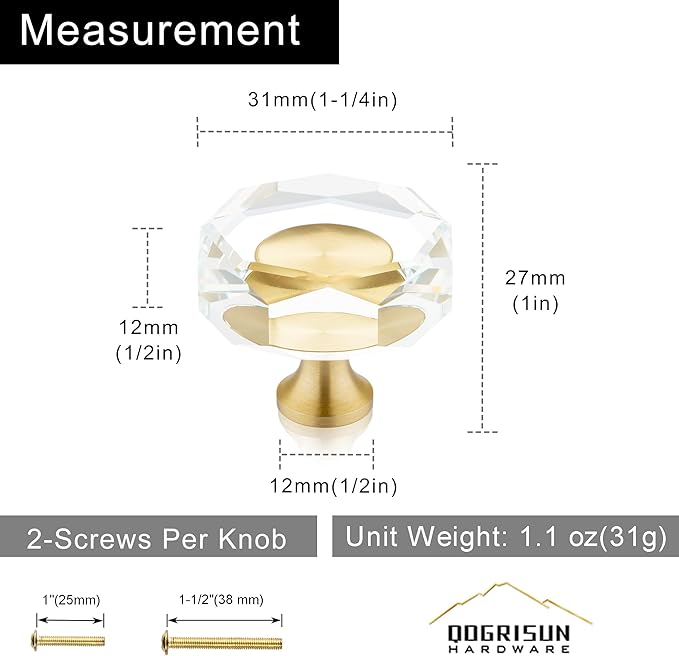 QOGRISUN 10-Pack Brass Crystal Cabinet Knobs,Glass Crystal Gold Drawer Knobs,1-1/4-Inch Polygon,Decorative Dresser Pulls, Modern Cabinet Hardware