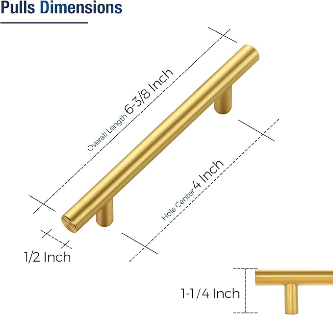 JOY DECOR 10 Pack Cabinet Handles, Gold Cabinet Pulls, 4 in Hole Center Kitchen Cabinet Handles, Stainless Steel T Bar Handles for Dresser Drawers