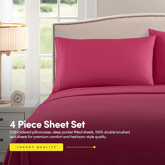 Sweet Home Collection California King Size Sheet Set with Built-in Sheet Straps - Deep Pocket Fitted Sheet, Flat Sheet & Pillowcases - Soft, Wrinkle-Free, Secure Fit - Fuschia