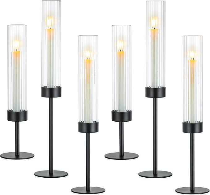 Hewory Black Taper Candle Holders: Candlestick Holders Set of 6 Hurricane Glass Tall Candle Holder for Candlesticks Candle Sticks Holder Decor for Table Centerpiece Wedding Party Christmas Decorations