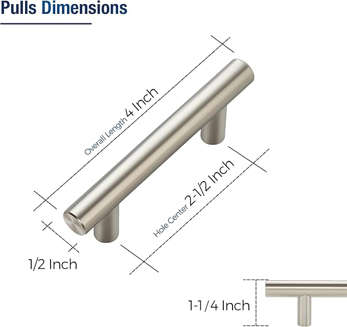 JOY DECOR 60 Pack Cabinet Handles, Brushed Nickel Cabinet Pulls, 2-1/2 in Hole Center Kitchen Cabinet Handles, Stainless Steel T Bar Handles for Dresser Drawers