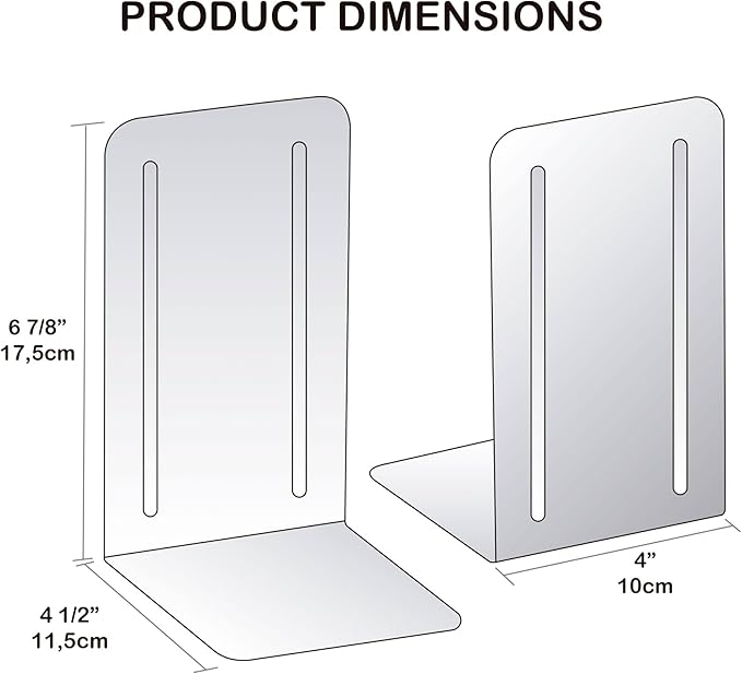 Acrimet Metal Bookends, Non-Skid Book Stand for Shelves, Heavy Duty Book Stopper, 6-7/8" H x 4" W x 4-1/2“ D, Black, 1 Pair