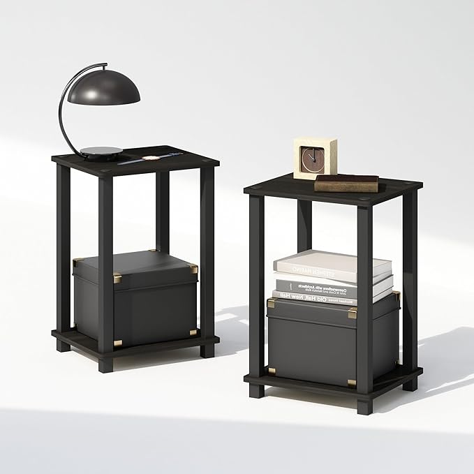 Furinno Simplistic Night Stand Set of 2, 2-Tier Small Nightstand with Open Shelf, Toolless Bedside Table, End Table, Side Table, for Bedroom, Living Room, Espresso