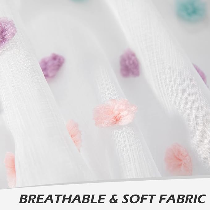 MYSKY HOME Small Curtains for Kitchen Windows Rainbow Pom Pom Curtains for Bedroom Light Filtering White Sheer Curtains for Nursery Cafe Bathroom Privacy Rod Pocket Voile 52 x 45 inch 2 Panels