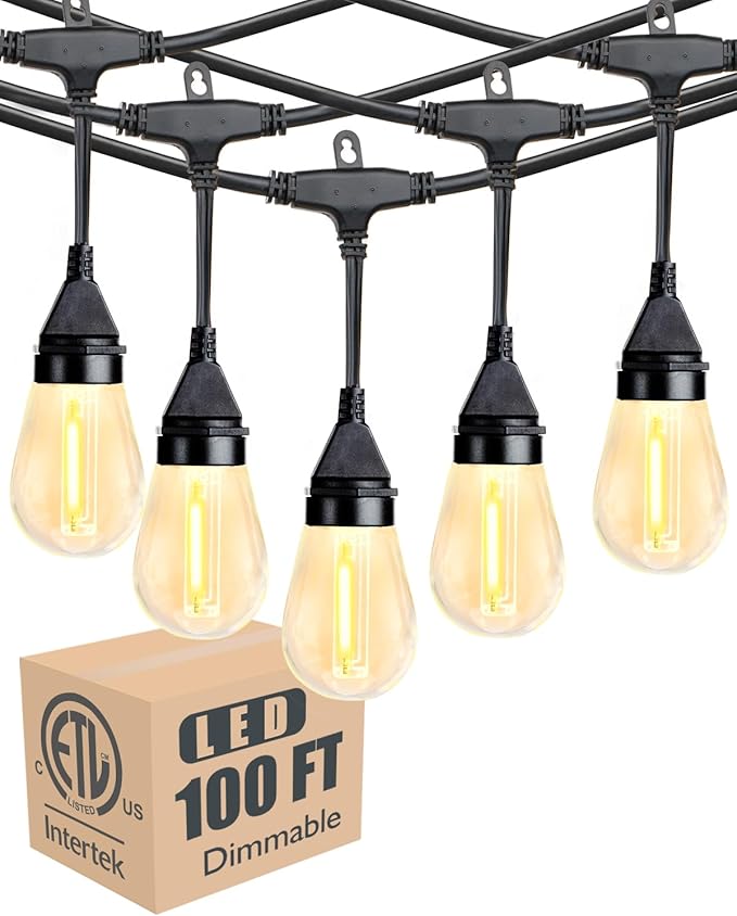 Lightdot 100FT Outdoor Led Patio Lights, ETL Listed Led String Lights with Shatterproof Edison Vitage Bulbs, Commercial Grade Hanging Light for Patio Cafe Bistro Backyard