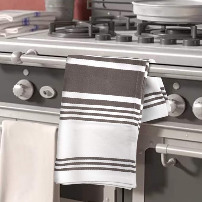 Urban Villa Kitchen Towels 100% Cotton Pack of 3, Highly Absorbent Quick Drying Super Soft Premium Dish Towel for kitchen with Hanging Loop Hand & Tea Towels - 20x30 Inch, (Dove Grey & White, Striped)