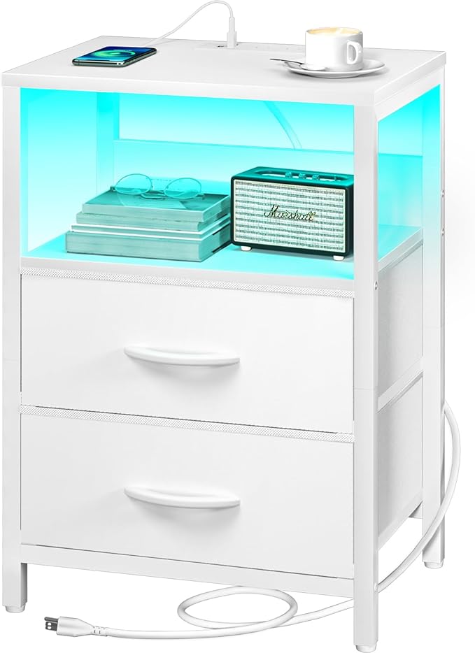 Yoobure Nightstand with Charging Station, LED Night Stand with Fabric Drawers and Storage Shelf for Bedroom, Nightstands Bedside Tables with USB Ports & Outlets, Small Night Stands, Bed Side Table