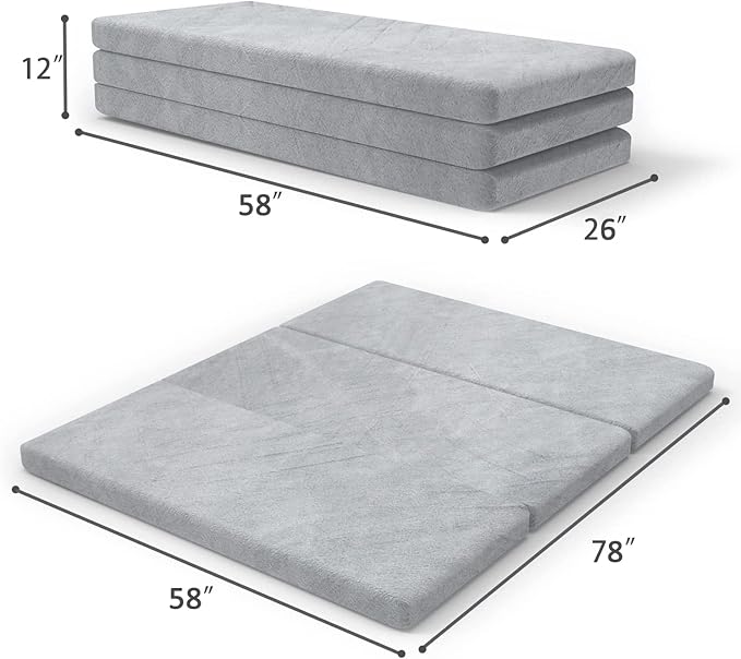 SINWEEK Tri-Folding Mattress with Storage Bag - 4" Foldable Foam Topper Cot Mattress, Guest Bed with Machine Washable Cover & Waterproof Lining, CertiPUR-US Certified (58 x 78 Inch)