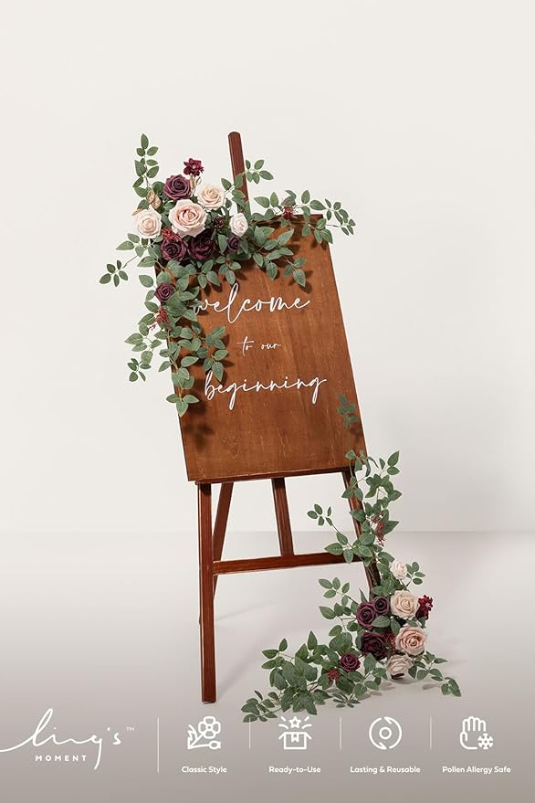 Ling's Moment 2pcs Wedding Flowers Garland Artificial Floral Swag Arch Decorations Rose Greenery Arrangements Marsala Blush Ceremony Reception Garden Easel Wall Entryway Outdoor board(NOT Include Sign