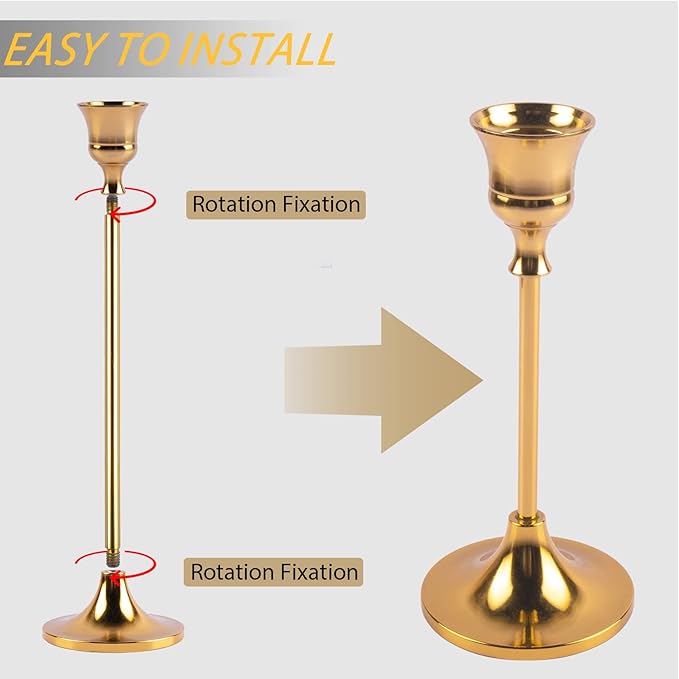 Vintage Gold Brass Taper Candle Holders for Candlesticks, Fireplace & Party - Set of 3