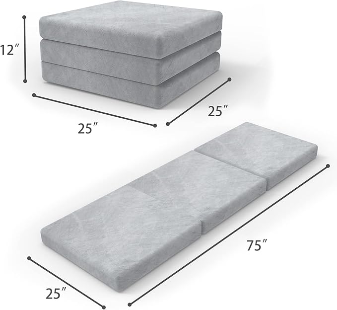 SINWEEK Tri Folding Mattress Foam Topper 4" Thickness Floor Cot Mattress, Guset Bed with Removable&Machine Washable Cover and Lining, CertiPUR-US Certified 25 x 75 Inch