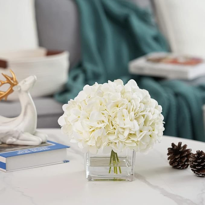 Silk Hydrangea Artificial Flowers in Vase with Faux Water, Silk Flower Arrangements in Vase for Wedding, Dining Table, Living Room (Cream White)