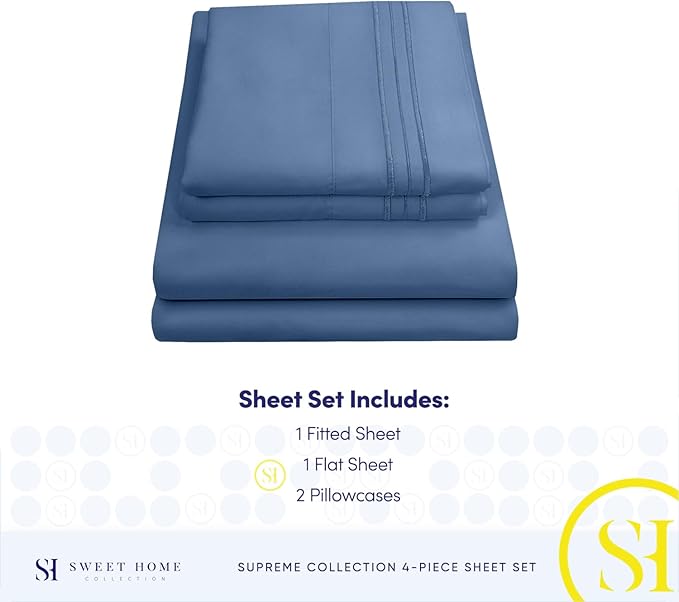 Full Size Sheet Sets - Breathable Luxury Sheets with Full Elastic & Secure Corner Straps Built In - 1800 Supreme Collection Extra Soft Deep Pocket Bedding Set, Sheet Set, Full, Denim