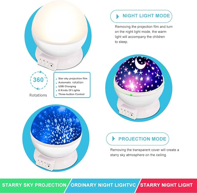Star Projector Night Lights for Kids, Fun Gifts for 1-4-6-14 Year Old Girl and Boy, Projection Lamp for Kids Bedroom Ceiling, Stars and Moon for Child Asleep Peacefully (White)