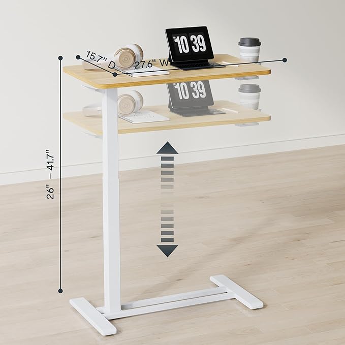 FLEXISPOT H7 Adjustable Overbed Bedside Table with Wheels Pneumatic Mobile Standing Desk Laptop Desk Rolling Computer Cart Movable Overbed Table Hospital Home Use(27.6" W x 15.7" D, Maple Table)
