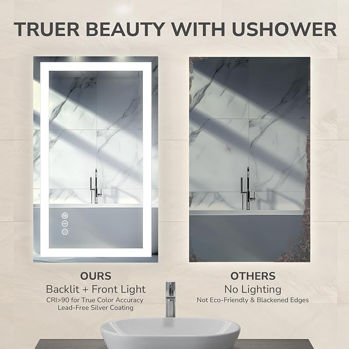 USHOWER LED Bathroom Mirror 55x30 Inch with Lights - Frameless Tempered Glass LED Backlit Lighted Mirror for Bathroom Vanity with Anti-Fog, 3 Colors Dimmable, Memory Function, Wall-Mounted
