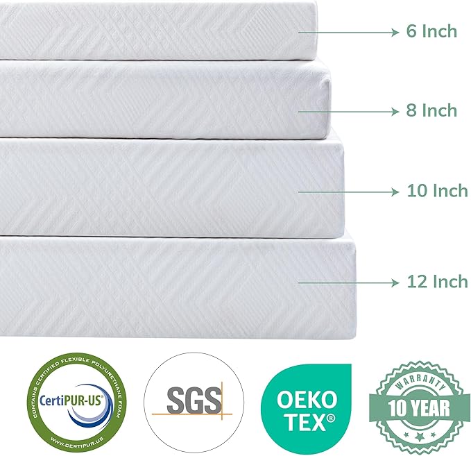 EGO White 12 inch Queen Memory Foam Mattress, Gel Green Tea Mattress Bed in a Box, Made in USA, CertiPUR-US Certified, Double Mattress, 60"×80", Medium Firm