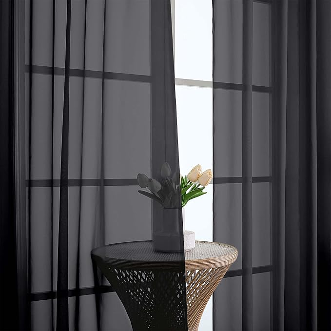 Chyhomenyc Black Sheer Curtains 84 Inches Long 2 Panels, Light Filtering Black Curtains for Living Room, Soft Gentle Voile Rod Pocket Bedroom Window Drapes, 59Wx84L Inch, 2PCS