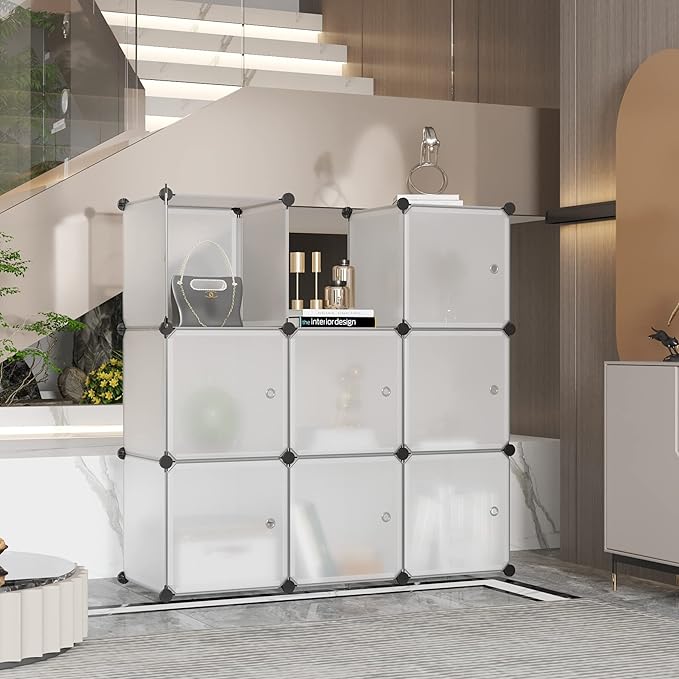 C&AHOME Cube Storage Organizer with Doors, 9-Cube Shelves, Closet Cabinet, DIY Plastic Modular Bookshelf Ideal for Bedroom, Living Room, 36.6”L x 12.4”W x 36.6”H White USBTM3009B-DOOR