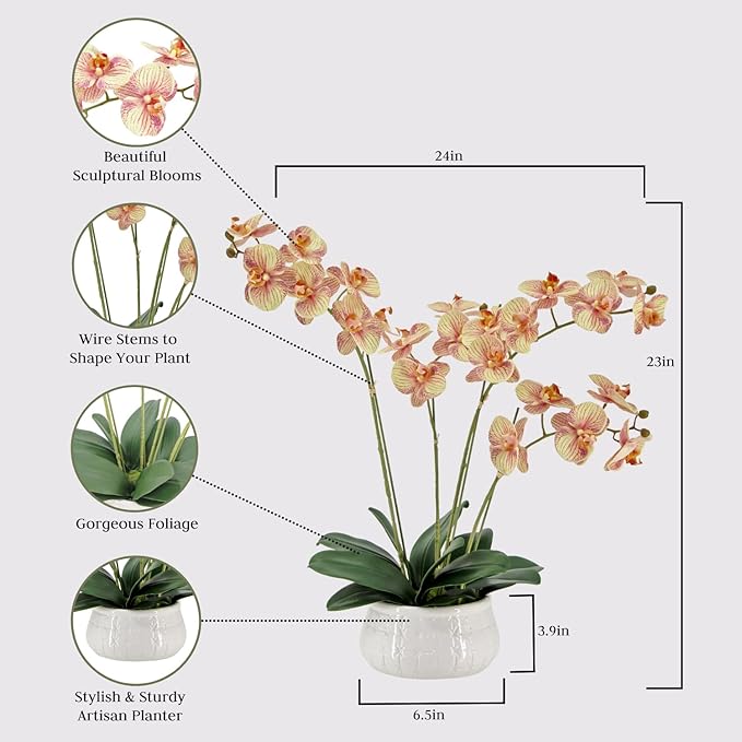CG Hunter Faux Orange Orchid Plant, Premium Artificial Indoor Flower Display Stands 23”, Beautiful Sculptural Blooms That Lasts Forever, White Planter Pot Included