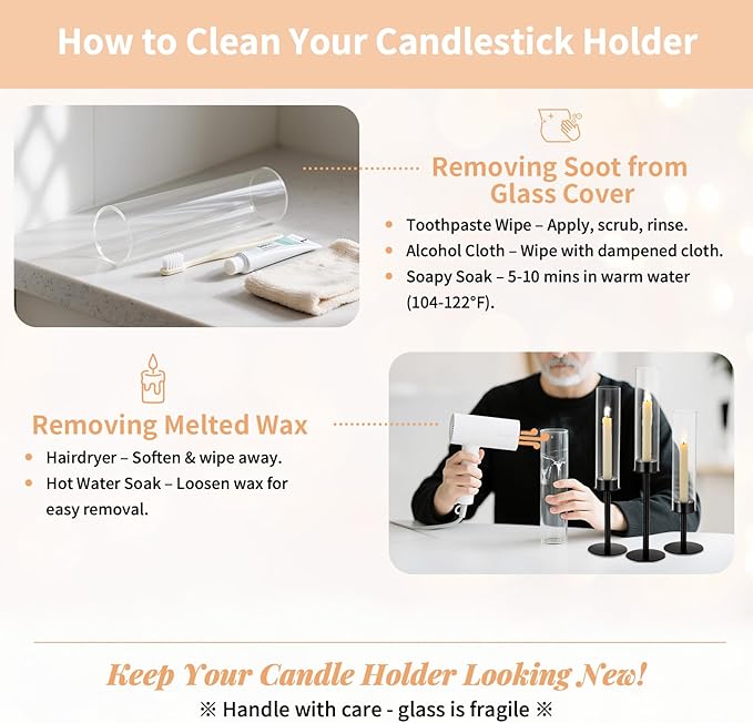 NUPTIO Black Candlestick Holders for Centerpiece: Set of 3 Hurricane Taper Holder with Windproof Glass Cover Long Stem Cylinder Metal Candle Sticks Stands for Halloween Christmas Table Decoration