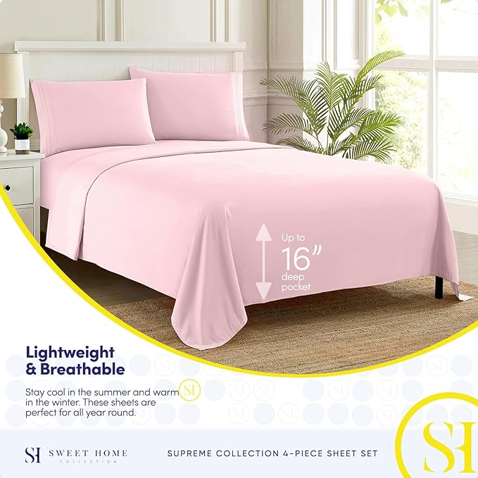 Twin XL Sheets - Breathable Luxury Sheets with Full Elastic & Secure Corner Straps Built In - 1800 Supreme Collection Extra Soft Deep Pocket Bedding Set, Sheet Set, Twin XL, Pale Pink