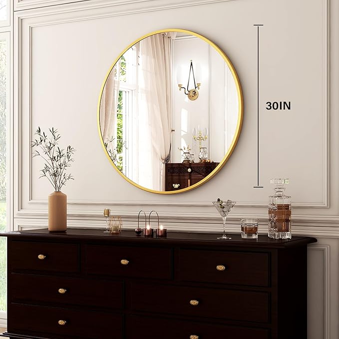 HARRITPURE Round Mirror 30 Gold Wall Mounted Circle Mirrors Vanity Mirror with Brushed Aluminum Alloy Frame Modern Decoration for Bathroom, Living Room, Vanity, Bedroom, Entryway