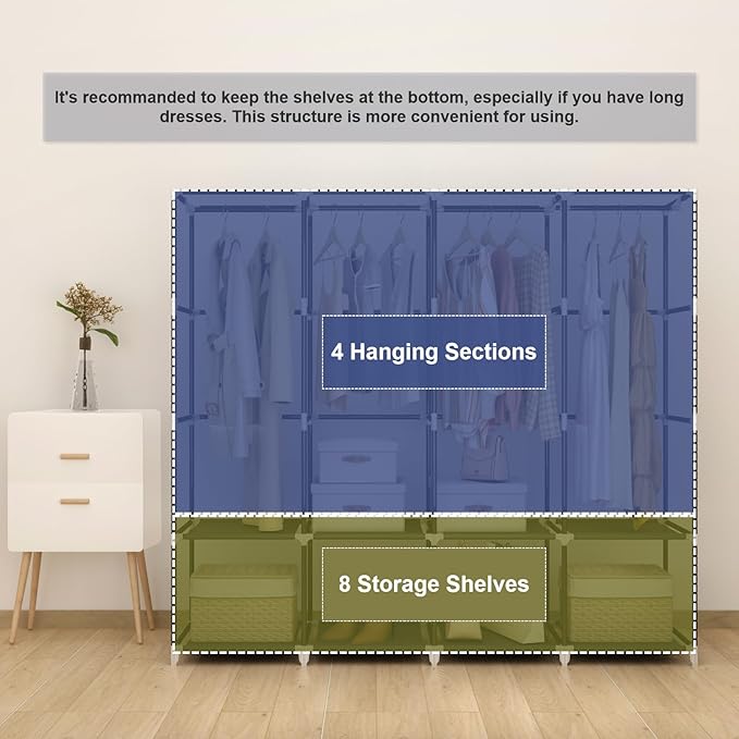 Portable Closet Wardrobe, 67-Inch Clothes Organizer with 4 Hanging Rods and 8 Shelves, Non-Woven Fabric Cover, Large Capacity Storage for Bedroom and Living Room, Black