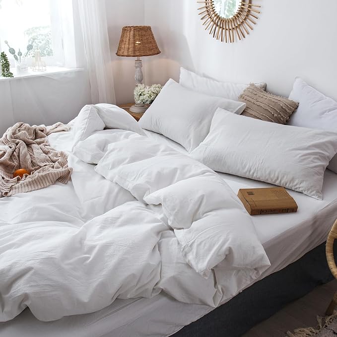 MooMee Bedding Duvet Cover Set 100% Washed Cotton Linen Like Textured Breathable Durable Soft Comfy (Solid Off White, Queen 90"x90")