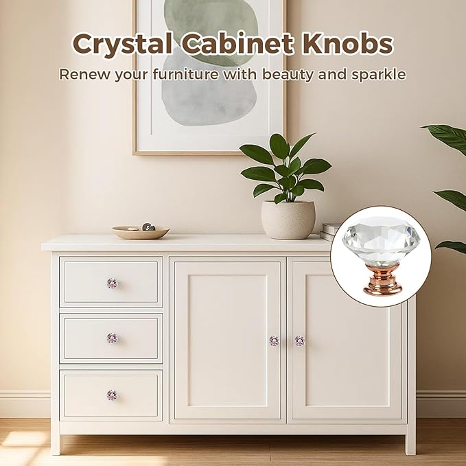 DEELF 12 Packs Kitchen Cabinet Knobs, 30 mm Crystal Cabinet Knobs, Diamond Dresser Handle Drawer Pulls, Dresser Knobs for Cabinets and Drawers, Rose Gold Base