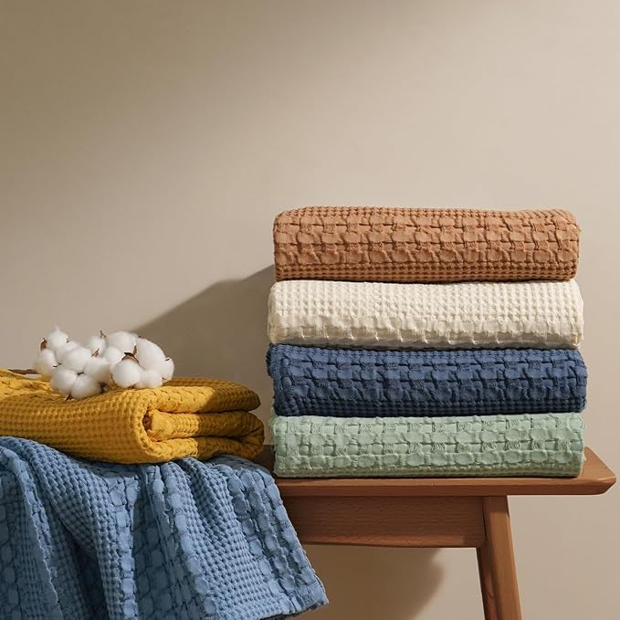 PHF 100% Cotton Waffle Weave Blanket Queen Size for Bed, Soft Lightweight & Breathable, All-Season Comfort, Luxury Aesthetic Woven Bedding for Home Decor, 90"x90", Charcoal Grey