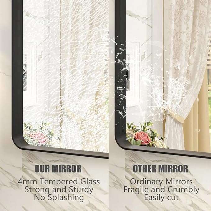 60x36 Matte Black Bathroom Mirror, Modern Rectangle Metal Framed Mirrors for Wall, Rounded Corners, Shatter-Proof (Horizontal/Vertical)