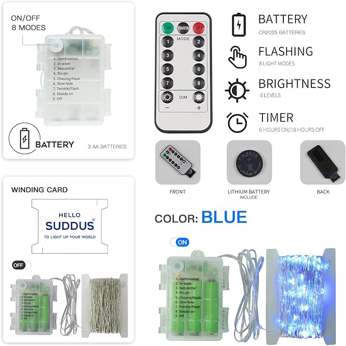 suddus Blue LED Christmas Lights Outdoor，200led 66ft Battery Operated Fairy Lights Indoor, Twinkle Lights for Bedroom, Halloween, Backyard, Tree, Dorm, Patio, Tapestry, Garden, Party