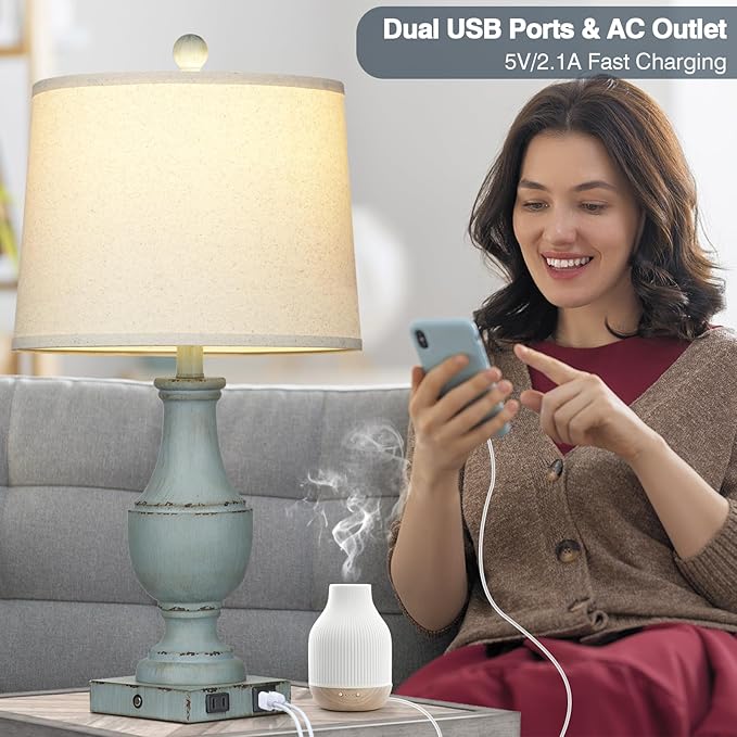 Farmhouse Table Lamps, Rustic 26" Touch Control Bedside Lamps with USB A+C Charging Ports & AC Outlet, Vintage 3-Way Dimmable Traditional Classic Nightstand Lamp for Living Room Bedroom Office Decor