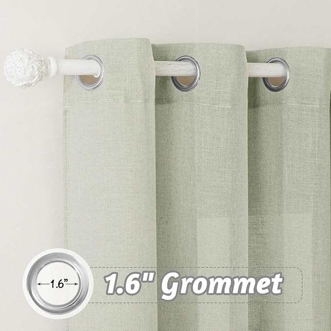 RYB HOME Green Linen Blend Curtains for Kitchen Laundry Room Nursery, Semi Transparent Sun Protection Privacy Soft Farmhouse Sheer Drapes for Kids Room, Sage Green, W 60 x L 108, 1 Pc