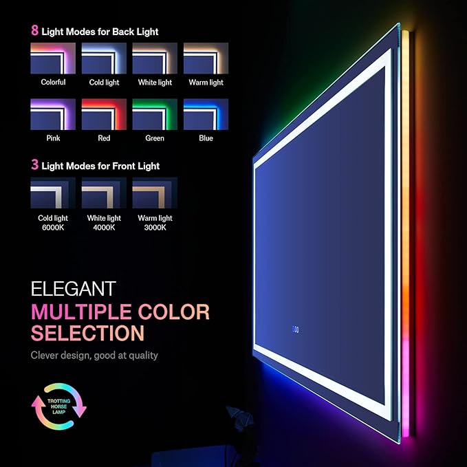 LOAAO 60”X40“ RGB LED Bathroom Mirror with Lights, Large, Anti-Fog, Dimmable Smart Lighted Bathroom Vanity Mirror, Multiple Light Modes, RGB Backlit + Front Light, Memory Function, Tempered Glass