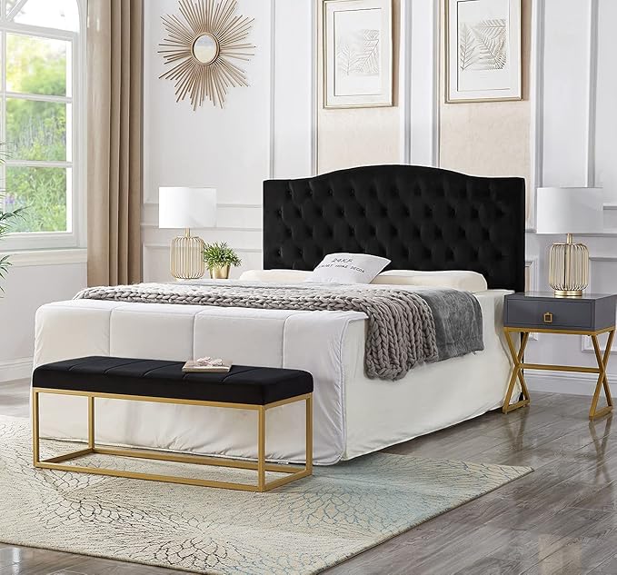 24KF Upholstered Tufted Button Velvet Headboard,Comfortable Fashional Headboard Queen/Full Size,Black